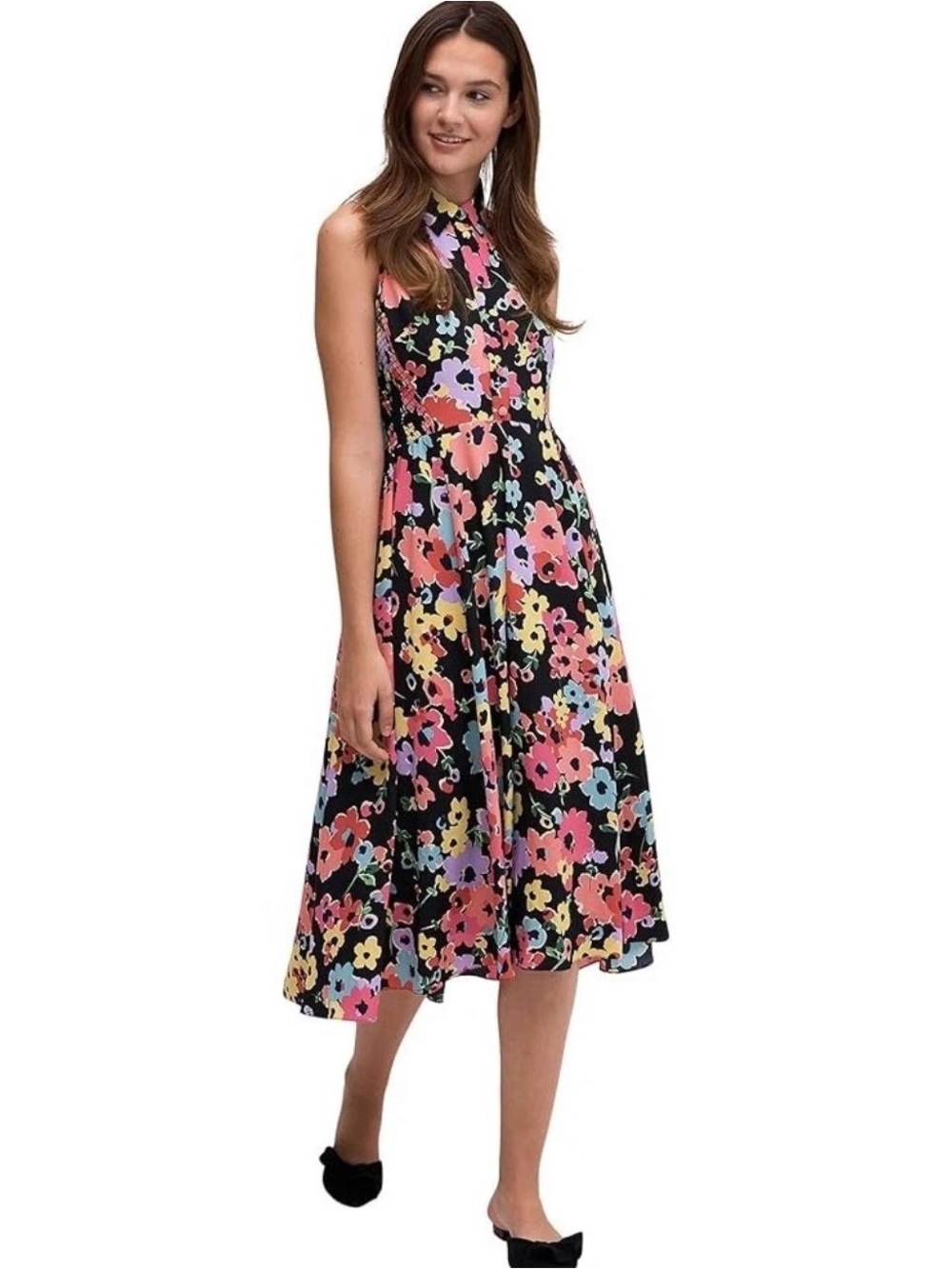 Kate Spade Wildflower Bouquet Midi Shirt Dress Black Pink Sleeveless Womens 4